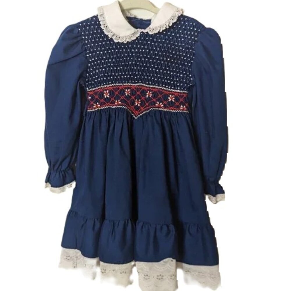 Vintage Polly Flinders Dress Hand Smocked‎ Eyelet Wreath Flowers Holiday Accents